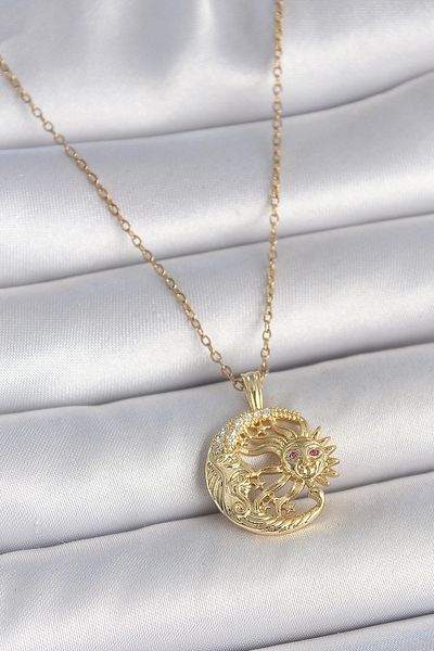 Skygo 316L Steel Gold Color Chain Moon Sun Model Zircon Stone Detailed Women's Necklace - Tj-Bko10057