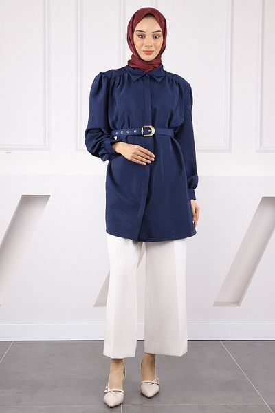 İmajButik Navy Blue Belted Modal Tunic