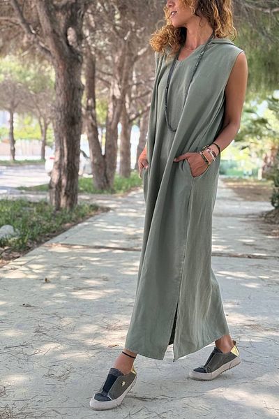 Güneşkızı Khaki Hooded Sleeveless Pocket Slit Cotton Loose Woven Dress 120 60