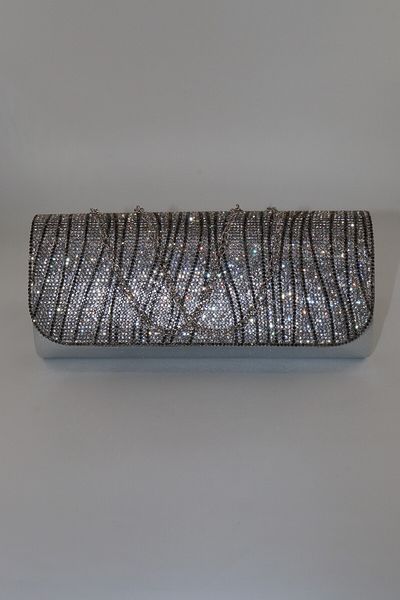 KEEBA Silver Evening Dress Bag with Waterway Stones. Evening Dress Portfolio Clutch Invitation Bag. Women's Silver Evening Dress Stone Bag.
