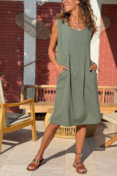 Güneşkızı Khaki Sleeveless Pocket Cotton A-Form Fit Woven Dress 100 50