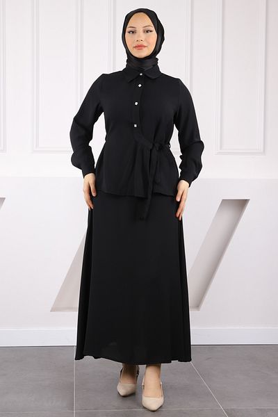 İmajButik Μαύρο πουκάμισο με γραβάτα στο πλάι με φούστα