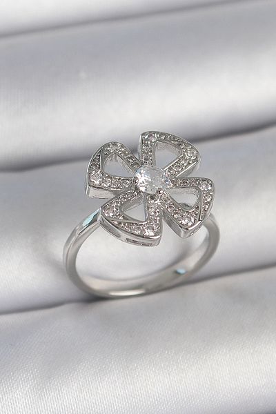Skygo Brass Silver Color Zircon Stone Clover Model Adjustable Women's Ring - Tj-Byk3718