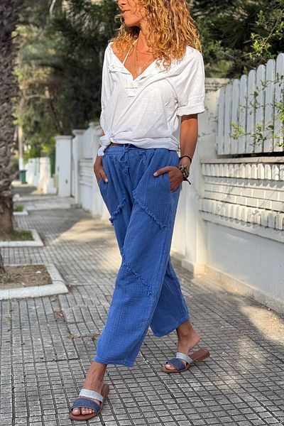Güneşkızı Indigo Pocket Washable Mesh Λεπτομερής ραφής φαρδύ λινό παντελόνι casual υφαντό 85 30