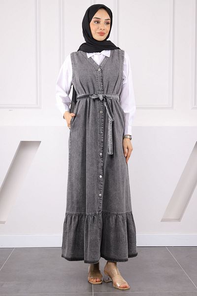 İmajButik Smoked Waist Belted Pocket Denim Gilet