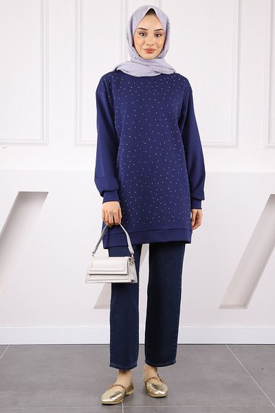 İmajButik Navy Blue Crew Neck Stone Modal Tunic