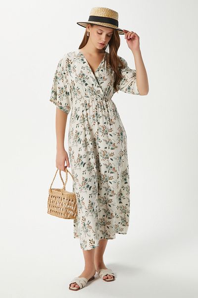 Ritnice Rochie de vară din viscoză cu talie elastică cu flori Katy verde