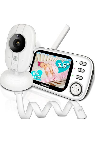 Smart Vibe Hellokid™ Opti 3.5” Wifi Baby Monitor with Nightvision HD, 360° Monitoring, Vox Mode, 8 Songs, White