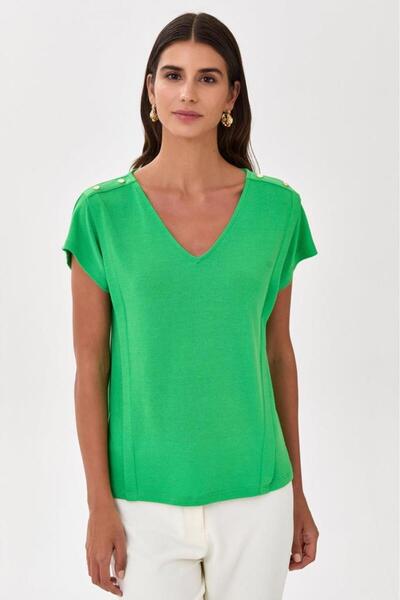 İKİLER V Yaka Omzu Çıtçıt Detaylı Bluz 025-1012