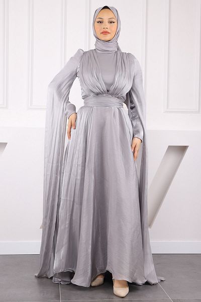 İmajButik Βραδινό φόρεμα με ντραπέ με γκρι λεπτομέρεια ώμου