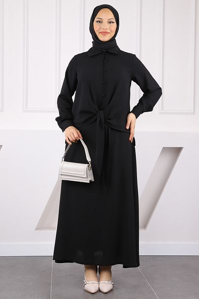 İmajButik Μαύρο μπροστινό δεμένο πουκάμισο φούστα κοστούμι