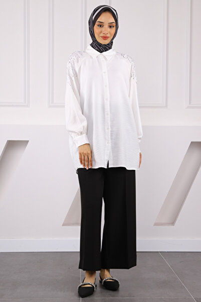 İmajButik Ecru Sequin Embroidered Buttoned Shirt