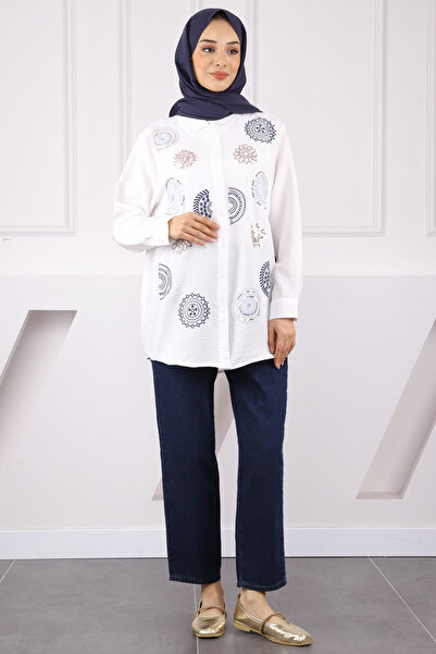 İmajButik Ekru Nakış İşlemeli Gömlek
