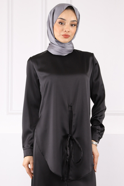 İmajButik Black Front Tie Tunic Skirt Satin Suit