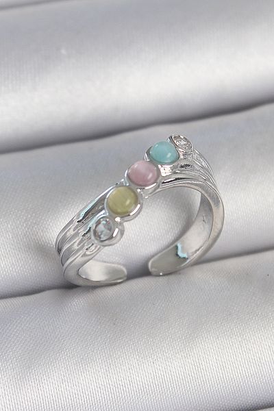 Skygo Brass Silver Color Zircon Stone Detailed Colorful Enamel Adjustable Women's Ring - Tj-Byk3728