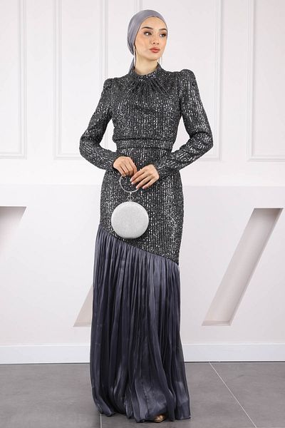 İmajButik Smoked Sequined Skirt Pleated Evening Dress