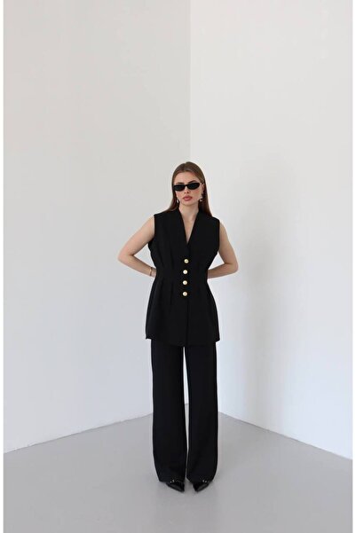 VOLT CLOTHİNG Kadın Belden Oturtmalı Gold Düğme Detaylı Astarlı Yelek Takım