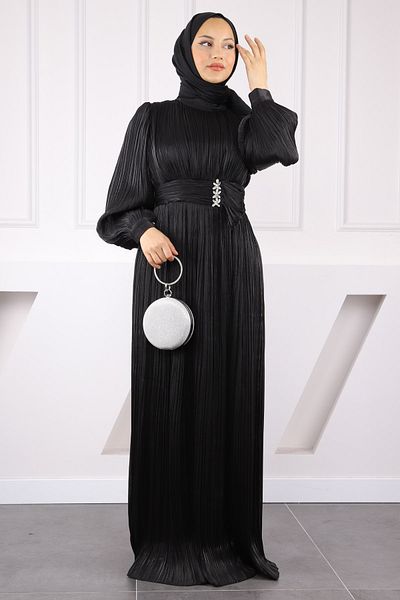 İmajButik Βραδινό φόρεμα σιφόν μαύρο πλισέ πέτρα