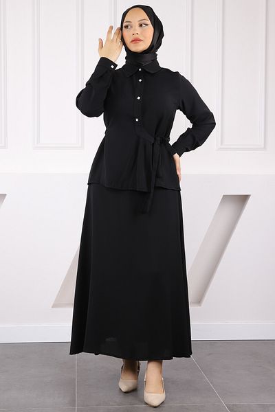 İmajButik Μαύρο πουκάμισο με γραβάτα στο πλάι με φούστα