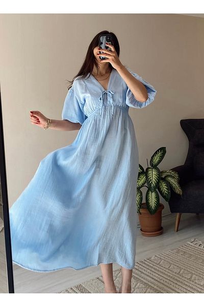 disponible Women's V-Neck Blue Muslin Fabric Short Sleeve Dress