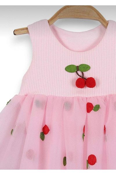 XORVİO Girl's Tulle Dress Summer Cotton Evening Dress Wedding Dress Gift Stylish Pink Cherry Pattern Baby Dress