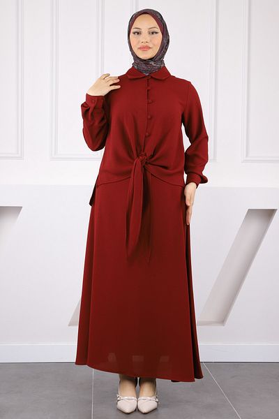 İmajButik Κοστούμι πουκάμισο Claret Red με φούστα με δέσιμο μπροστά