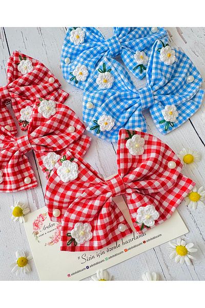 ARDEN HOBİ TASARIM Hand Knitted Daisy Detailed Embroidered Gingham Bow Buckle