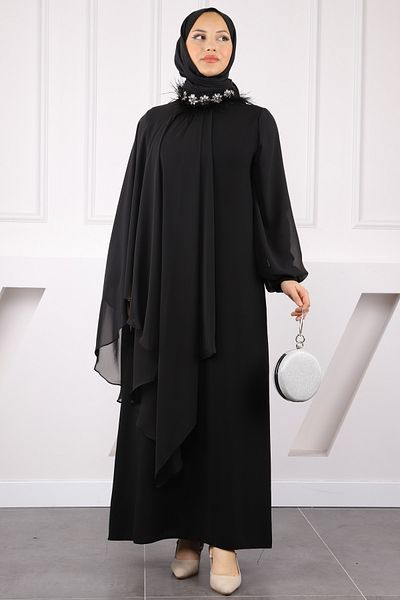 İmajButik Μαύρο βραδινό φόρεμα με λεπτομέρεια από πέτρα μεγάλου μεγέθους