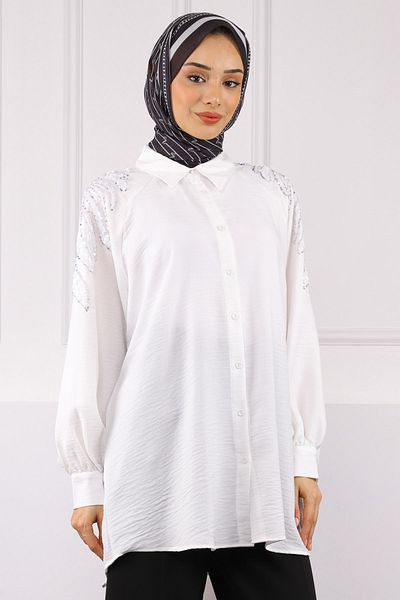 İmajButik Ecru Sequin Embroidered Buttoned Shirt