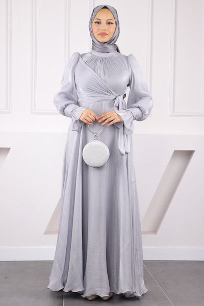 İmajButik Gray Side Tie Sleeve Detailed Evening Dress
