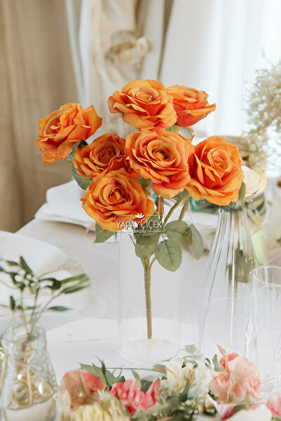 Yapay Çiçek Deposu Yapay Çiçek 7 Dallı Puket Gülü Demeti 40 cm Turuncu