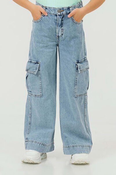 wakawakakidsstore Büyük Cepli Geniş Paça Açık Mavi Kız Çocuk Cargo Kot Pantol...