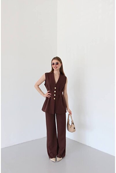 VOLT CLOTHİNG Women's Waist Fitted Gold Button Detailed Lined Vest Set