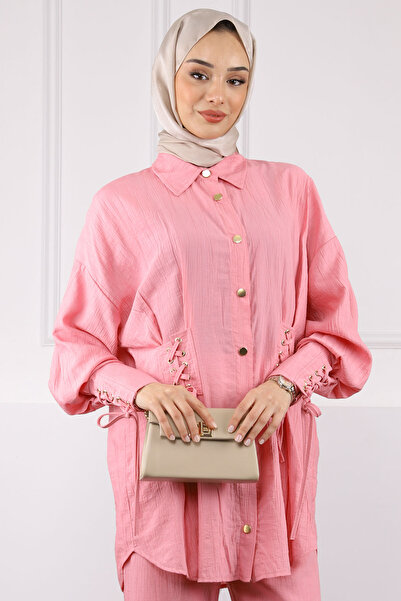 İmajButik Pink Modal Tunic Trousers Suit with Lace-Up Sleeves and Waist