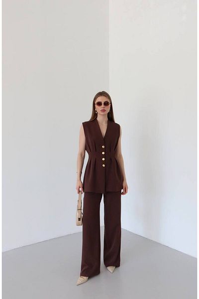 VOLT CLOTHİNG Women's Waist Fitted Gold Button Detailed Lined Vest Set