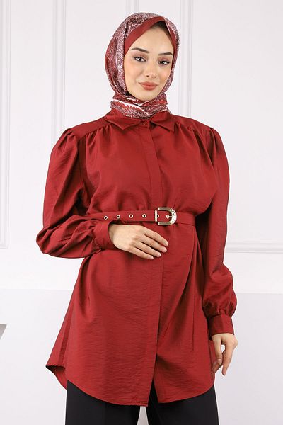 İmajButik Burgundy Belted Modal Tunic