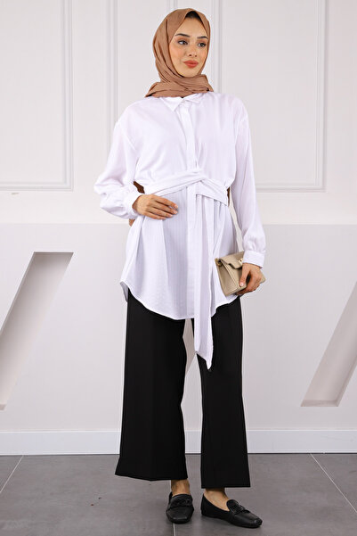 İmajButik Ecru Belt Detailed Wrap Shirt