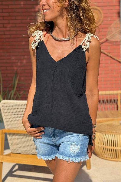 Güneşkızı Black Shoulder Tie Rope Strap Muslin Woven Blouse 60 45