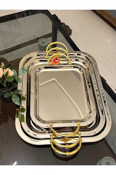 aljahwari 3piece serving tray set, gold and silver