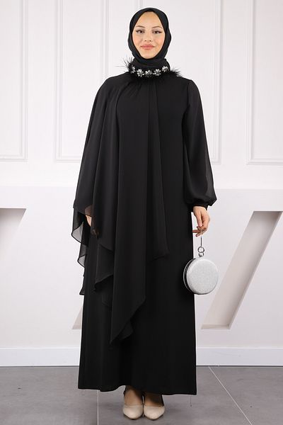 İmajButik Μαύρο βραδινό φόρεμα με λεπτομέρεια από πέτρα μεγάλου μεγέθους