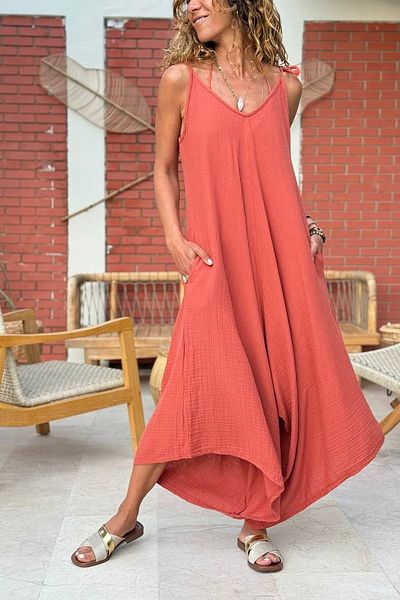 Güneşkızı Brick Color Shoulder Tie Pocket Cotton Loose Woven Jumpsuit 135 60