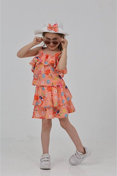 ARBİ kids Girl's Katkat Straw Hat with Straps, Double Summer Vacation Suit