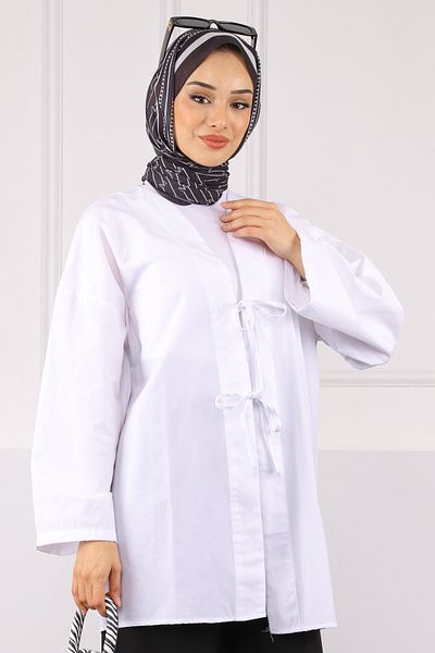 İmajButik Kimono alb cu cravată în față