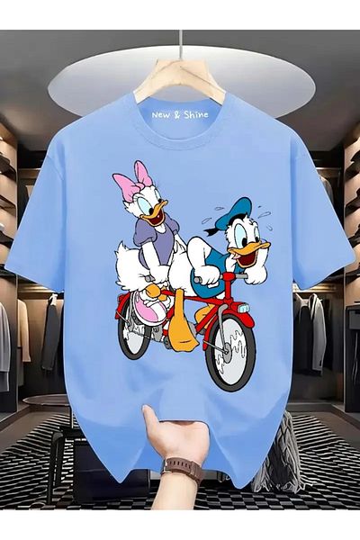 New Shine Daisy Donald Duck on a Bicycle Printed Large Size Oversize T-Shirt