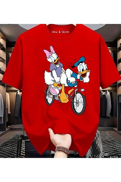 New Shine Daisy Donald Duck on a Bicycle Printed Large Size Oversize T-Shirt