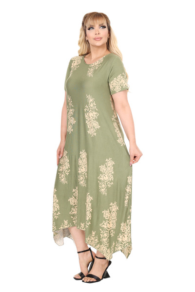 MELSAY Women's Short Sleeve Asymmetrical Khaki Panel Pattern Large Size Dress