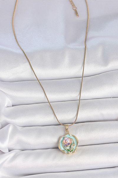 Skygo 316L Steel Gold Color Chain Turquoise Pink Purple Flower Embroidered Pearl Detail Portrait Model Women's Necklace - t