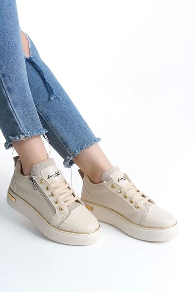 Genel Markalar DINA Bağcıklı Fermuarlı Ortopedik Taban Kadın Sneaker Spor Ayakkabı KT - Krem/Altın