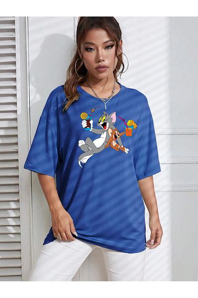 yueswear Μπλουζάκι Unisex Tom and Mickey με χαλαρή εφαρμογή Sax-Blue