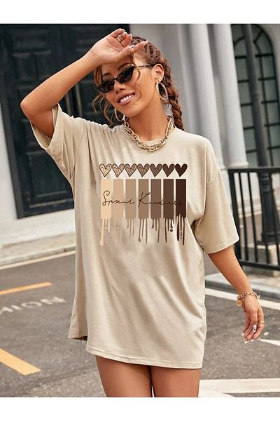 ciwi&life Μπλουζάκι Unisex Leopard με στάμπα με καρδιά με χαλαρή εφαρμογή μπεζ